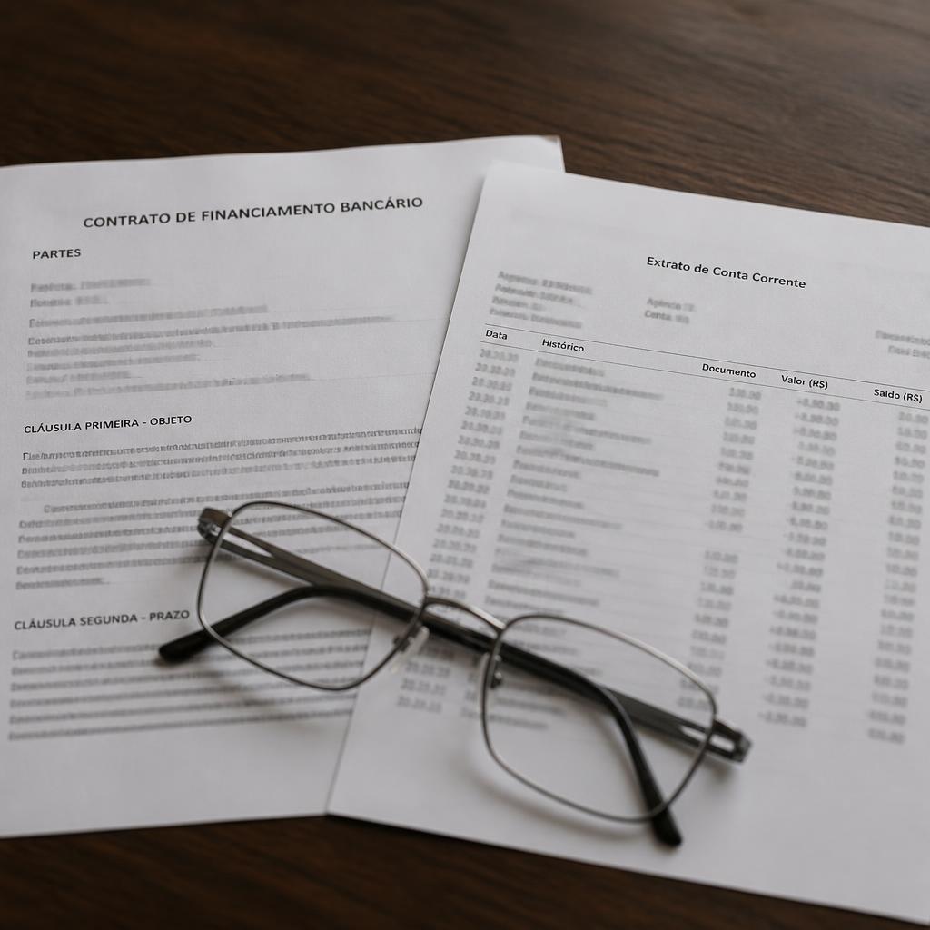 Contrato de financiamento bancário e extrato de conta corrente sobre mesa, com óculos de leitura