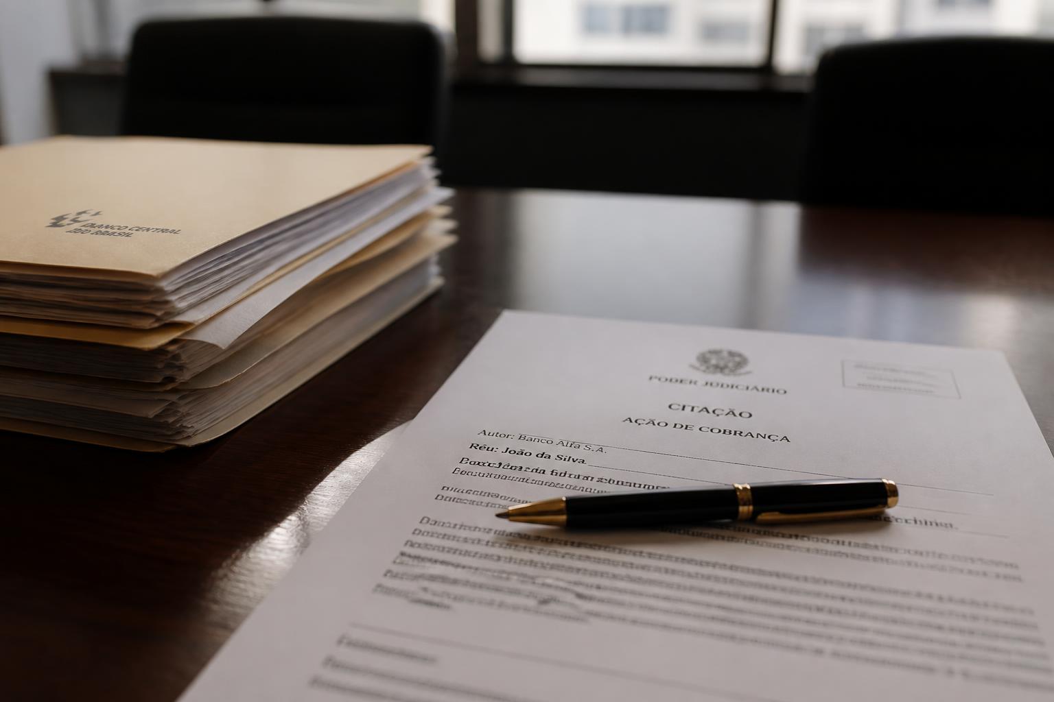 Documento de citação judicial e contratos bancários sobre mesa de escritório de advocacia