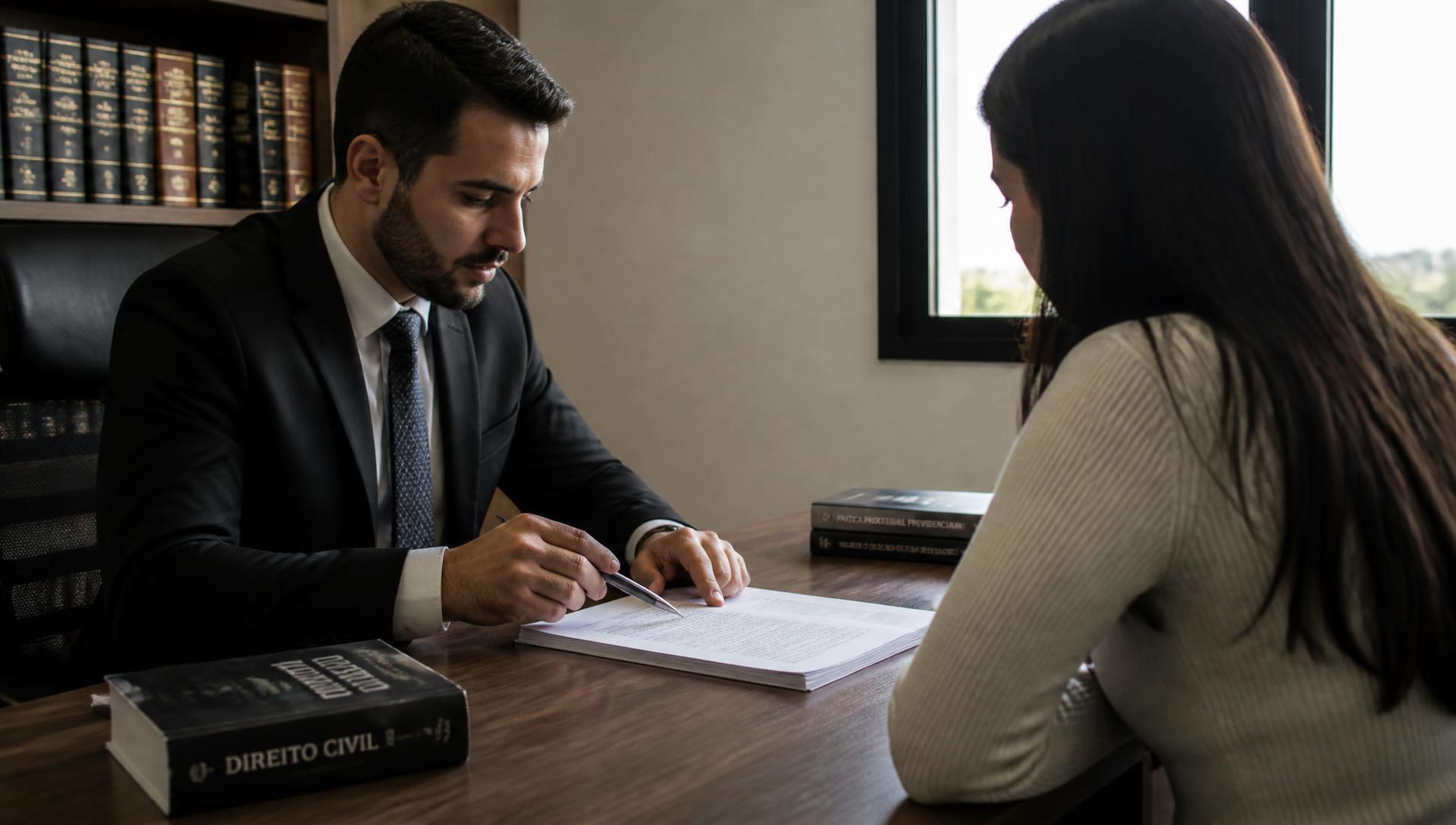 Advogado conversando com cliente em escritório, analisando documentos